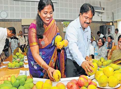 Karnataka State Mango Development and Marketing Corporation President Kamalakshi Rajanna and Additional Director of Horticulture KM Parashivamurthy at a press meet to announce the Mango Mela in the City on Wednesday. DH PHOTO