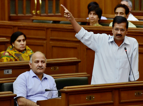Delhi Chief Minister Arvind Kejriwal address during the concluding day of the Special session of the Delhi Assembly, in New Delhi on Wednesday.  PTI photo
