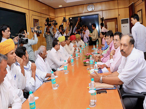Gujjar community delegation meeting with Rajasthan Cabinet Ministers at Secretariat in Jaipur on Wednesday. PTI Photo.
