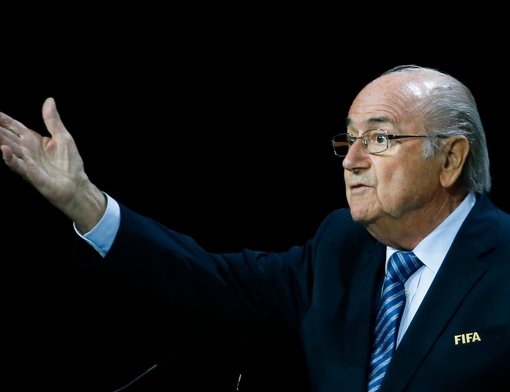 FIFA President Sepp Blatter delivers an opening speech at the 65th FIFA Congress in Zurich, Switzerland, May 29, 2015. The embattled head of world soccer, FIFA President Sepp Blatter, is expected to be re-elected on Friday despite growing calls for his resignation amid a corruption scandal that has engulfed the sport's governing body. REUTERS