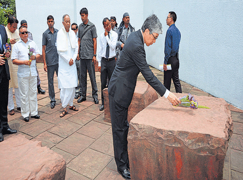 Japanese Ambassador to India Takeshi Yagi at the unveiling ceremony of the memorial plaque of India Peace Memorial in Maibam Lotpa Ching village on Friday. DEEPAK OINAM