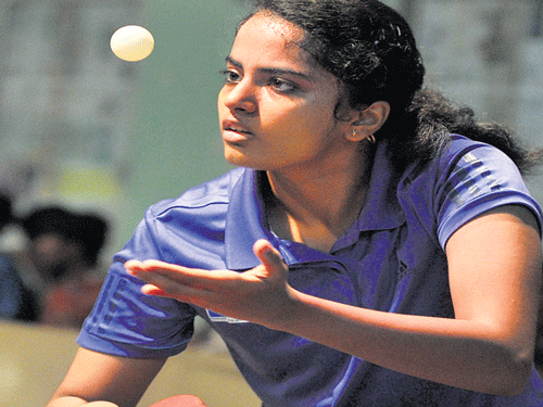 focused Kushi V returns during her win over Sushmitha B in the final of the Junior girls' event of the State-ranking table tennis meet in Bengaluru on Saturday. DH photo