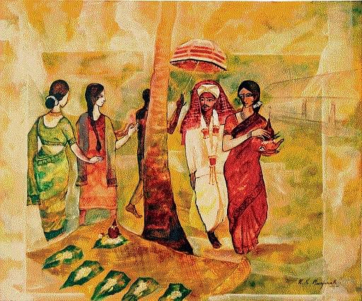 A painting of a marriage party; (below) a painting of women dehusking paddy.