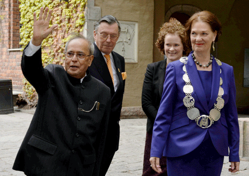 : President Pranab Mukherjee with Karin Wanngard, Mayor of Stockholm and Eva Louise Erlandsson Slorach, President of the Stockholm City Council at a meeting in Stockholm. PTI