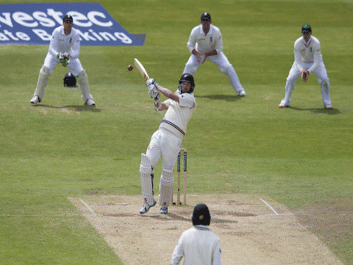 New Zealand's Mark Craig scores off the bowling of England's Stuart Broad on the fourth day of the second Test match between England and New Zealand at Headingley cricket ground in Leeds. AP