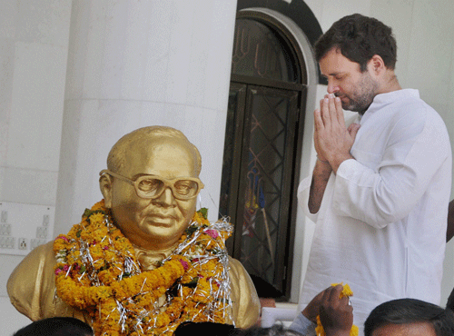 Congress Vice President Rahul Gandhi paying tribute to Dr B R Ambedkar at his birthplace in Mhow, Madhya Pradesh on Tuesday. PTI Photo