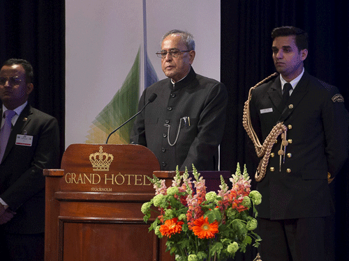 India's President Pranab Mukherjee gives a speech at the Business Forum at Grand Hotel in Stockholm. Reuters Photo