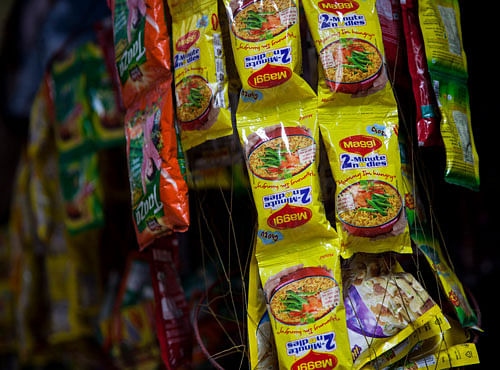 Packets of Maggi noodles hang on display at a shop in New Delhi. Ap file photo