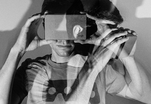 Amultiple-exposure image of Google executive Clay Bavor with the company's virtual reality viewer, called Cardboard (also in inset). The search giant is introducing several initiatives to highlight its inexpensive virtual reality viewer. NYT