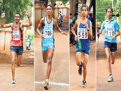 Winners all (from left) Santosh Lakshman Saidanor (men), Dinesh (boys),  Suma Chandranayak (women) and Malleshwari Rathod (girls) emerged winners at the DAC's Nettakallappa Memorial Road Races in Bidar on Sunday. DH photo