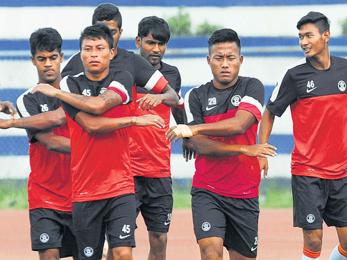 lethal weapons: Jeje  Lapekhlua (second from right) and Jackichand Singh (second from left) during a training session at the  Sree Kanteerava stadium ahead of India's football World Cup Qualifier match against Oman. dh photo / kishor kumar bolar