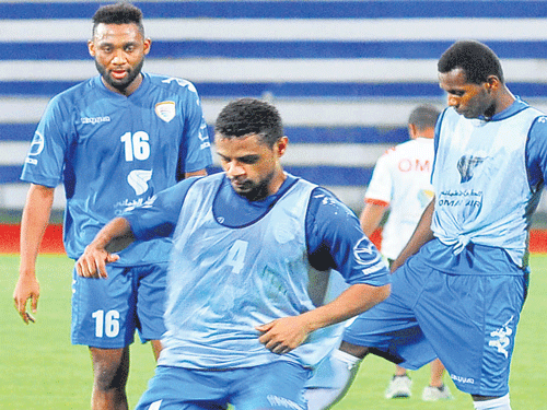 sharpening the skills Oman players train at the Sree  Kanteerava stadium on Monday. Dh photo / BK&#8200;Janardhan