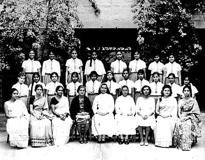 (Top row, from left) Mary Philips, Catherine, Kiran, Marie, Irene, Nirmala Reddy, Sagaya Mary and Jessie (author). (Second row, from left) Jaya Kumari (second),  Audrey (third), Grace Philips (eighth), Rukmini (tenth) and Esther (eleventh). (Third row, from left) Mrs Francis (third), Mrs Cherian (fourth) and Sister Andrews (fifth).
