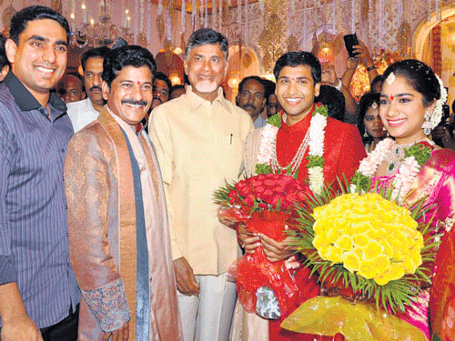 AP Chief Minister Nara Chandrababu Naidu (centre) with Revanth Reddy (second fromleft) at the function.
