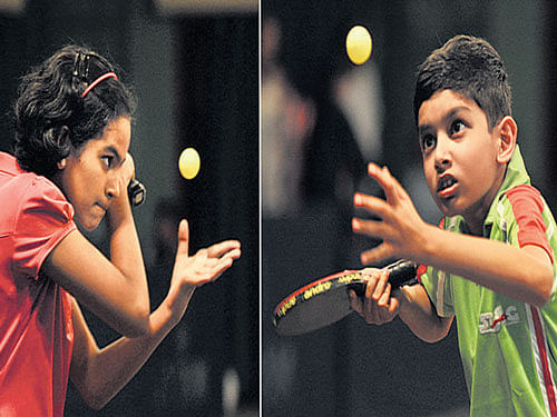 Victorious Sujan Bhardwaj (right) and Anarghya  Manjunath en route their win in the Sub-junior category of the State-ranking table tennis on Saturday. DH photo