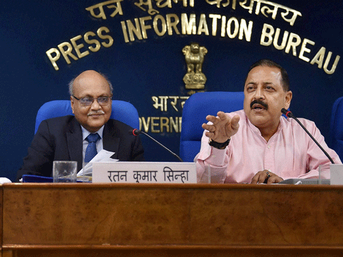 Minister of State, Development of Northern Eastern Region (I/C), PMO, Personnel, Public Grievances & Pensions, Department of Atomic Energy & Department of Space, Jitendra Singh addresses a Press Conference on initiatives taken by Department of Atomic Energy in the last one year, in New Delhi on Saturday. Ratan Kumar Sinha, Secretary, Department of Atomic Energy, and Chairman, Atomic Energy Commission of India (AEC) is also seen. PTI Photo