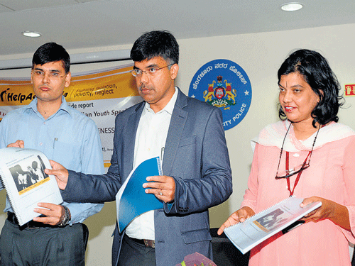 Joint Commissioner of Police (Crime) M&#8200;Chandrashekhar (centre) releases the report on elder abuse in the City on Monday. DCP (Administration) Ram Nivas Sepat and Rekha Murthy, State president of HelpAge India, are seen. DH Photo