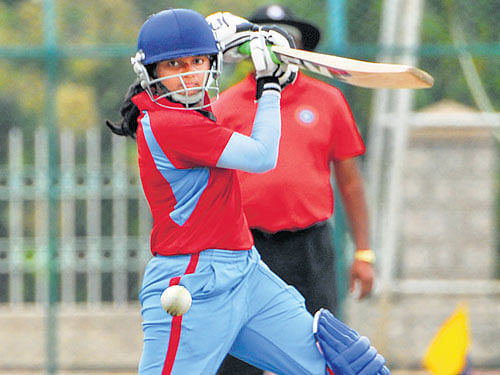 India Red's PoonamRaut en route her unbeaten 60 against India Green on Tuesday. DH PHOTO