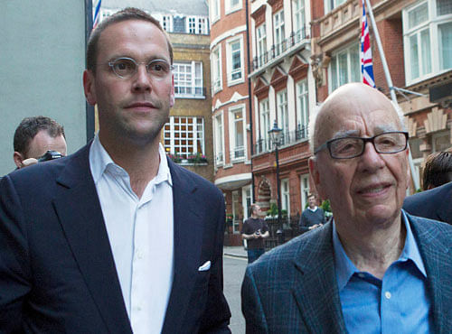 News International Chairman, James Murdoch and his father Rupert, leaving the Stafford Hotel in central London, Reuters file photo