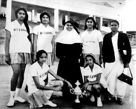 (Standing)&#8200;Mary Philip, CM Seeta, Sr Genevieve, Malati Basappa and Uma Prasad and (sitting) Mary Fernandez and  Parvathy Kushalappa (author).