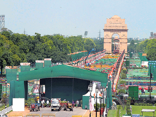 Final preparations being made for the International Day of Yoga at Rajpath in New Delhi on Saturday. DH photo