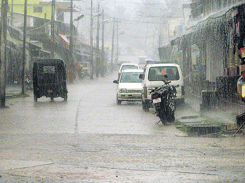 rain-day quietude Heavy rain lashed NR Pura in Chikkamagaluru district on Saturday. DH Photo