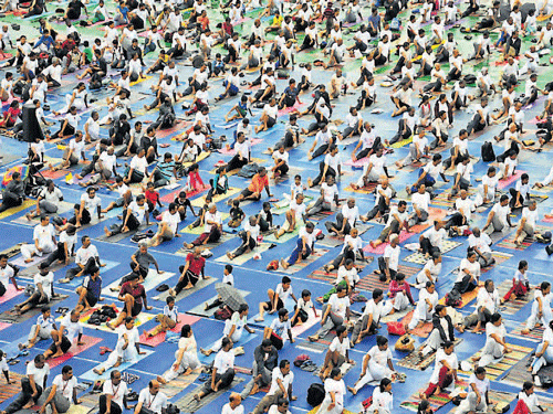 Yoga enthusiasts take part at International Day of Yoga, at Mysuru Palace, on Sunday. DH photo