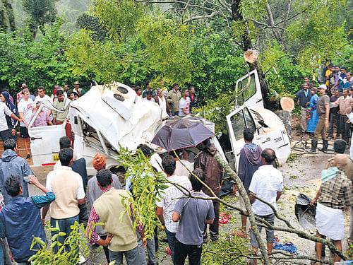 Five pilgrims were killed as heavy rain and strong winds  uprooted a huge tree that fell over their vehicle near  Madikeri on Sunday. DH PHOTO