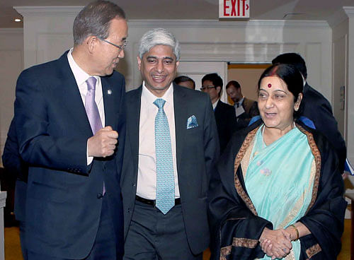 External Affairs Minister Sushma Swaraj with United Nations Secretary General Ban Ki-moon at the UN in New York on Sunday ahead of Yoga Day celebrations. PTI Photo