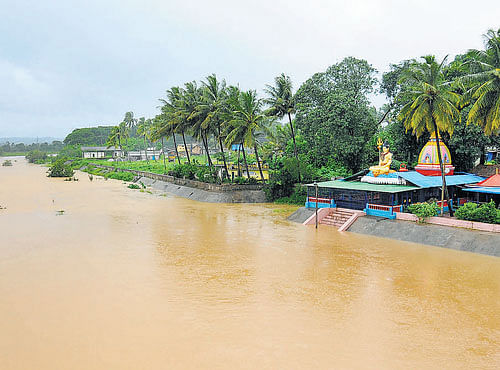 River Hemavathi is in spate following incessant rain in Sakleshpur, Hassan district. DH PHOTO