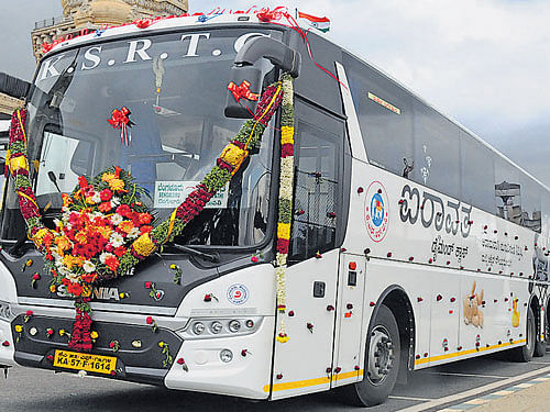 The Airavata  diamond class buses that were launched by Chief Minister Siddaramaiah in City on Wednesday.  DH&#8200;PHOTO