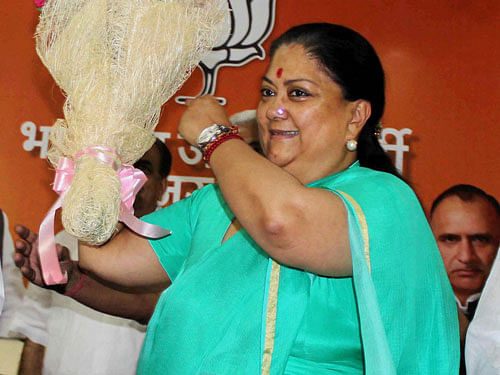 Rajasthan Chief Minister Vasundhara Raje during a BJP meeting at the party office in Jaipur on Wednesday. PTI File Photo