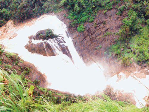 Mallali waterfalls cascading down the hillock in Somwarpet. DH photo