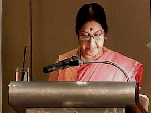 External Affairs Minister Sushma Swaraj addresses the gathering of Indian Businessmen in Bangkok on Sunday. PTI Photo