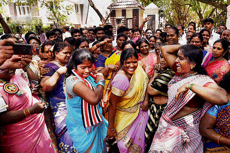AIADMK supporters celebrate Jayalalitha's triumph in RK Nagar bypolls in Chennai on Tuesday. PTI