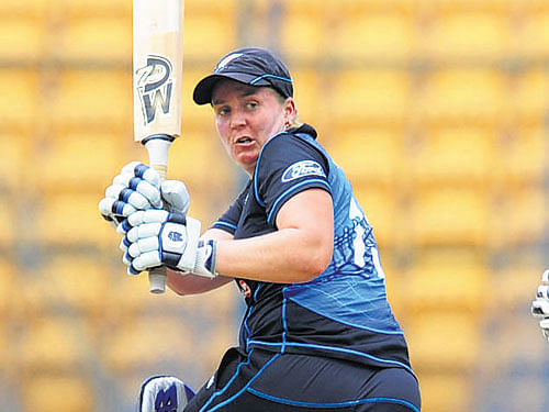 New Zealand's Rachel Priest slams one to the fence en route her 64 against India in the 3rd ODI in Bengaluru on Friday. DH PHOTO