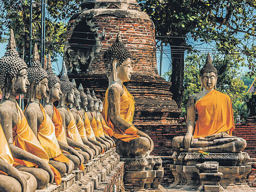 Religious history Aligned Buddha statues at Wat Yai Chaimongkol in Ayutthaya, Bangkok, Thailand.