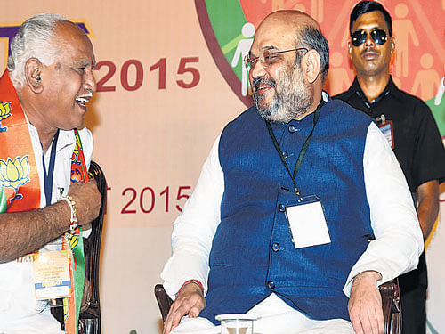 BJP national president Amit Shah with the party's vice president B&#8200;S&#8200;Yeddyurappa and Union minister H&#8200;N&#8200;Ananth Kumar at its south zone meeting in Bengaluru on Sunday. dh photo