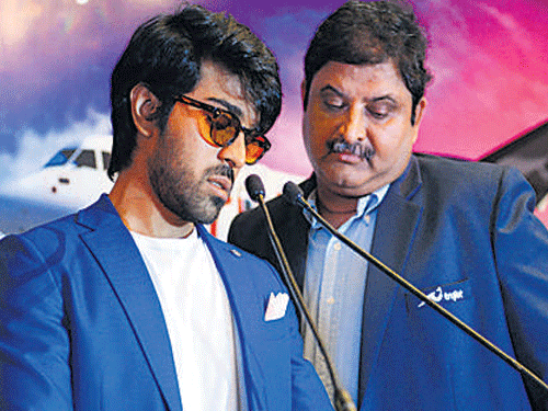Turbo Megha Airways (TMAPL) Director Ram Charan Tej (L) and TMAPL Managing Director Vankayalapati Umesh at a press conference in Hyderabad on Friday. PTI