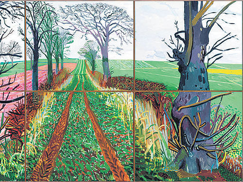 segmented scenes The six-part painting 'A Closer Winter Tunnel' by David Hockney.