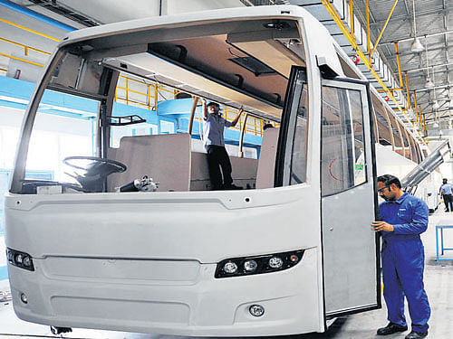 A bus being assembled at the plant. DH Photo by Kishore Kumar Bolar