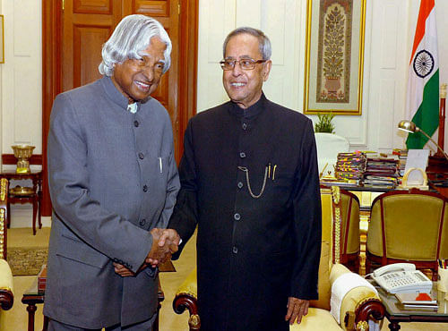 File photo of former president APJ Abdul Kalam with President Pranab Mukherjee in New Delhi. PTI