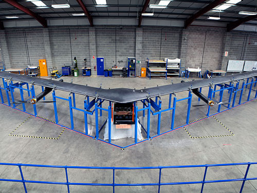 This undated image provided by Facebook shows the Aquila, a high-altitude, long-endurance aircraft with a wingspan as big as a Boeing 737, designed by Facebook's aerospace team in the United Kingdom. Facebook says it will begin test flights later this year for the solar-powered drone in the next stage of its campaign to deliver Internet connectivity to remote parts of the world. AP