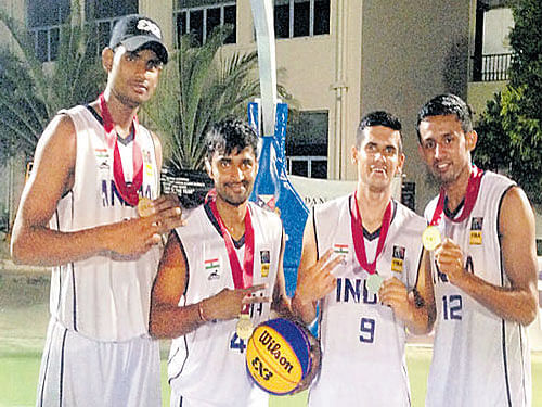 winners Indian basketball team after winning the 3x3 SABA meet in Colombo on Sunday. (From left) Jeevanantham Pandi,&#8200;Rajesh Uppar, Siddhant Shinde and Basil Philip.