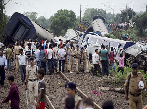 Rescue work in progress at Harda where Kamayani Express and Janata Express trains were derailed within minutes of each other while crossing a small bridge, in Madhya Pradesh on Wednesday. PTI Photo