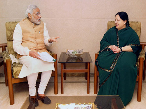 Prime Minister Narendra Modi in a meeting with the Chief Minister of Tamil Nadu, J Jayalalithaa in Chennai, Tamil Nadu on Friday. PTI Photo.