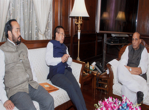 Union Home Minister Rajnath Singh with Nagaland Chief Miniter TR Zeliang during a meeting in New Delhi on Friday. PTI Photo