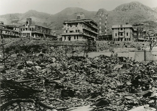 Nagasaki Medical College, which was damaged by the atomic bombing of Nagasaki on August 9, 1945, is seen in Nagasaki, southwestern Japan, in this undated handout photo taken by Torahiko Ogawa and distributed by the Nagasaki Atomic Bomb Museum. On August 6, 1945, the U.S. dropped the atomic bomb on Hiroshima, killing about 140,000 by the end of the year, out of the 350,000 who lived in the city. Three days later, a second atomic bomb was dropped on Nagasaki. As the 70th anniversary of the world's first nuclear attack approaches, Reuters photographer Issei Kato sourced archive images of the cities in the aftermath of the bombing and revisited the same locations today. Reuters