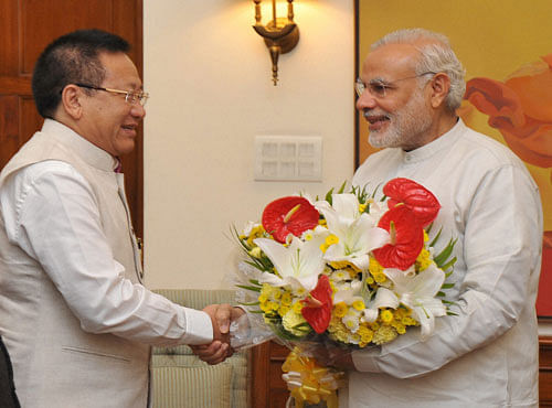 Prime Minister Narendra Modi with Nagaland Chief Minister T R Zeliang in a meeting in New Delhi on Saturday. PTI Photo