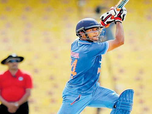 in punishing mood: Mayank Agarwal en route his 130 against South Africa A in Chennai on Sunday. Pti